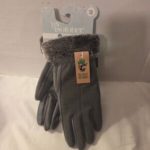 Isotoner Gray Fleece Gloves with Faux Fur Trim
